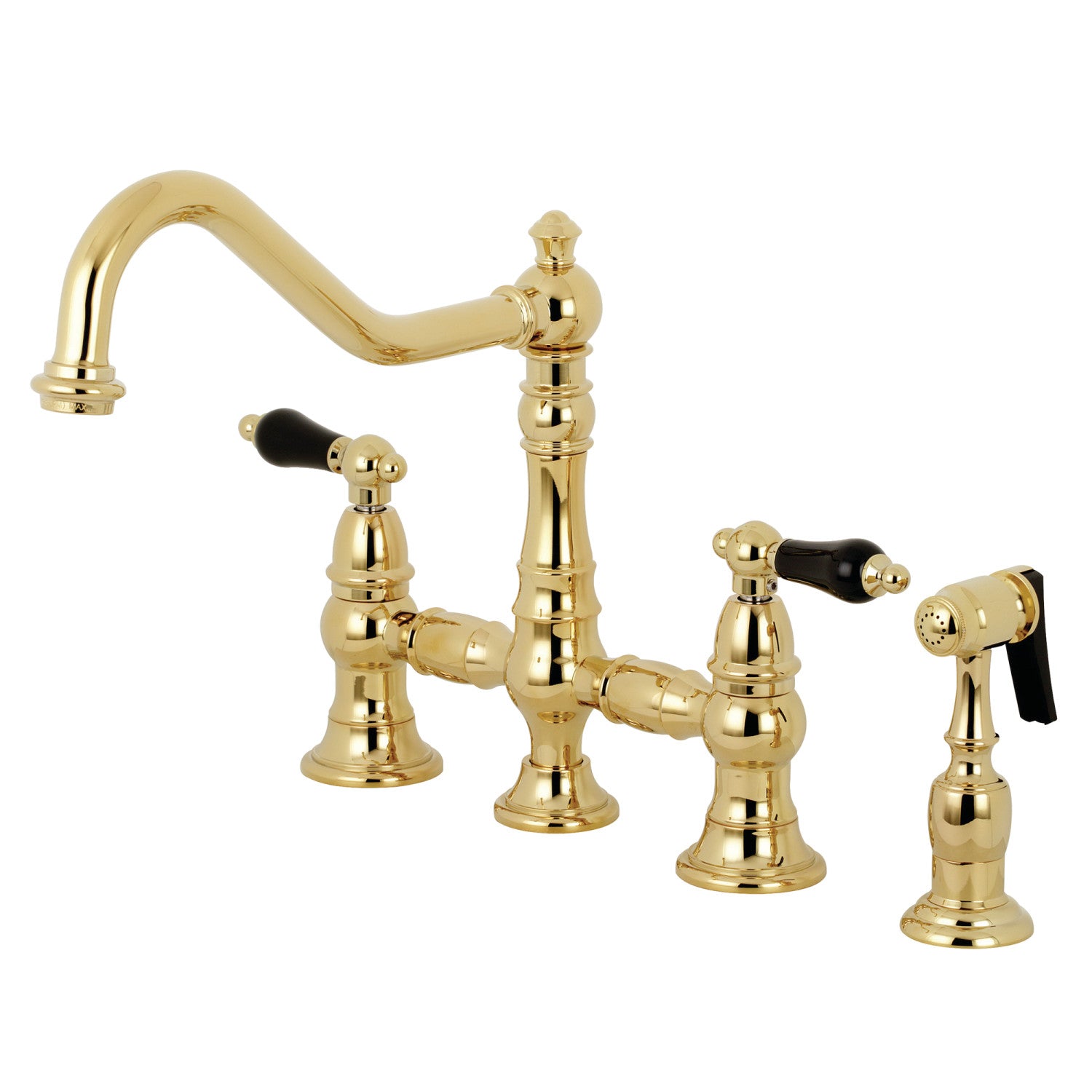 Kingston Heirloom KS3272PKLBS - Duchess Two-Handle 4-Hole Deck Mount Bridge Kitchen Faucet with Brass Sprayer, Polished Brass — image 1